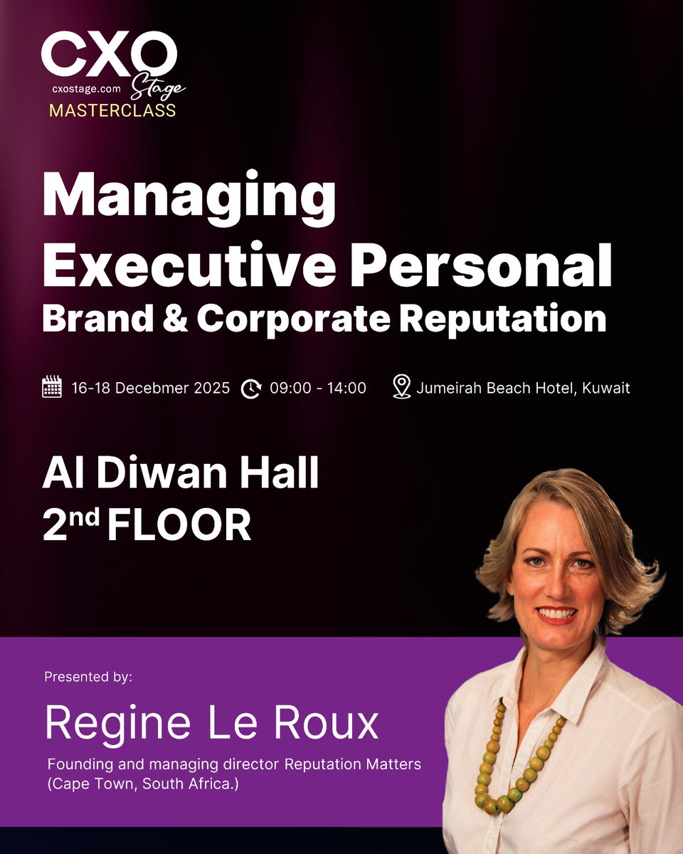 إدارة العلامة الشخصية التنفيذية والسمعة المؤسسية

في عالم القيادة اليوم، لم تعد السمعة خيارًا… بل أصلًا استراتيجيًا.

انضموا إلى CXO Stage Masterclass لاكتساب أدوات عملية لبناء وإدارة العلامة الشخصية للقادة التنفيذيين وتعزيز السمعة المؤسسية باحترافية.

📅 التاريخ: 16–18 ديسمبر