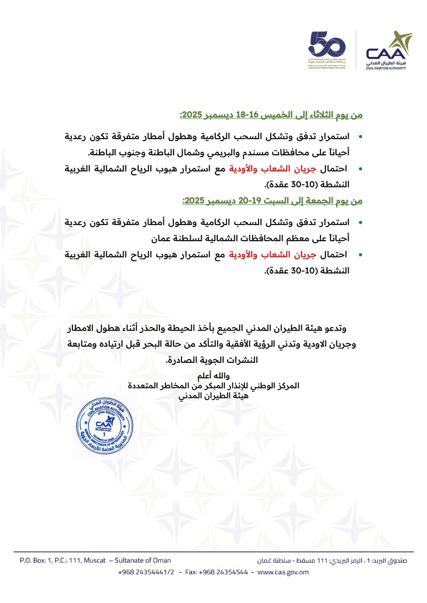تقرير رقم (1) عن حالة الطقس المتوقعة على سلطنة عمان خلال الفترة 13 - 20 ديسمبر 2025.