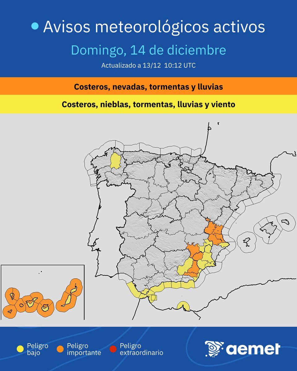 ⚠️Domingo 14: situación adversa en el sureste peninsular.

☔️Lluvias muy fuertes en Valencia, Albacete, Almería y Murcia. Posibles inundaciones y crecidas de ramblas. ¡Precaución!

🌩️Tormentas muy fuertes en el litoral de Valencia: posibles mangas marina y pequeños tornados.