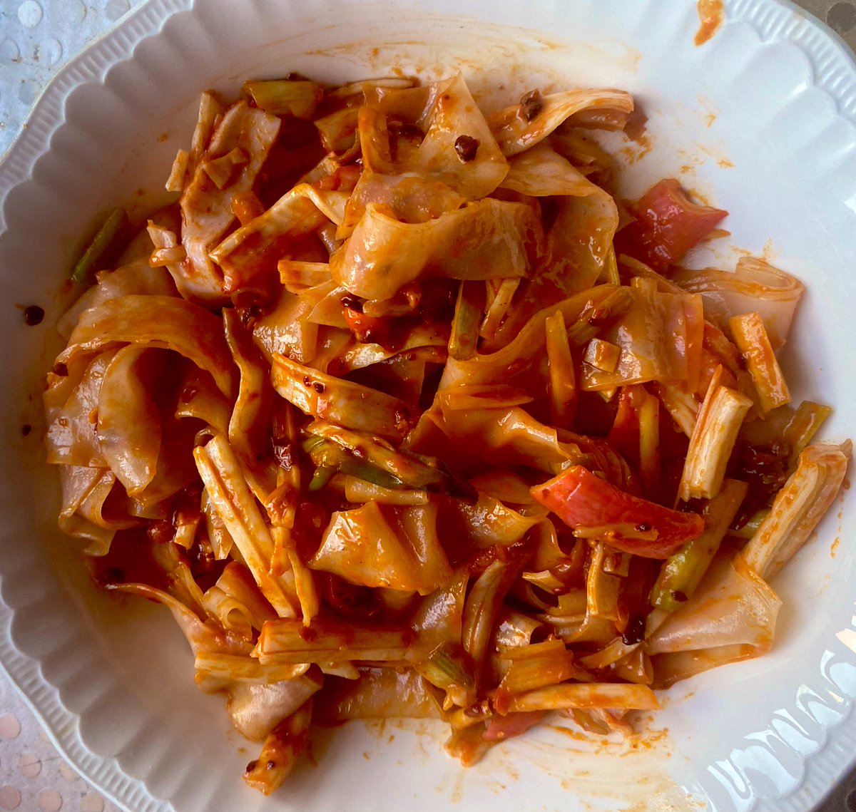 Home-made rice paper noodles with a spicy peanut Thai dressing..OMG!! SO good!! 🤤