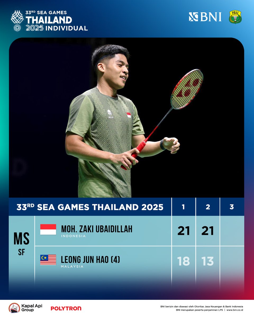 INABadminton's tweet image. Ubed juga ke final!!

Tunggal putra Indonesia kunci medali emas SEA Games 2025 nomor perorangan.

ALL INDONESIAN FINAL!!! 🔥🥇🥈🏸🇮🇩

#BadmintonIndonesia #SEAGames2025