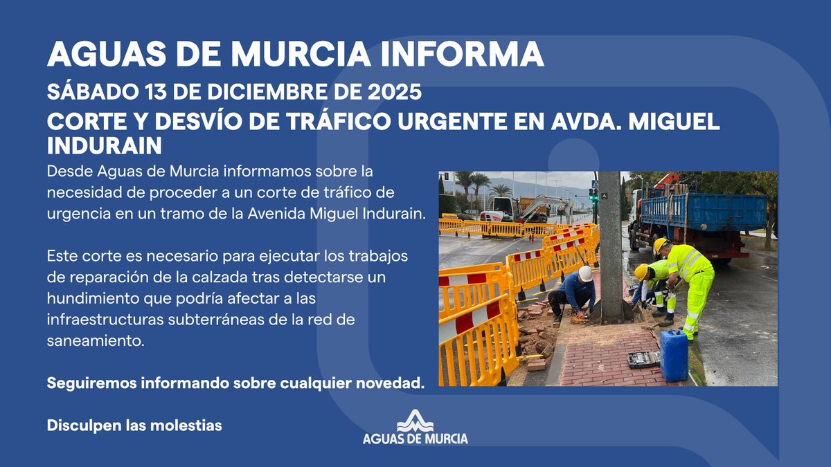 EMUASA_Clientes's tweet photo. Última hora:
Cortado un tramo de la Avda. Miguel Indurain por hundimiento de calzada.
Desde Aguas de Murcia estamos realizando trabajos de reparación en la zona.
🚧 Para desvíos y circulación en tiempo real consulte las cuentas oficiales del @AytoMurcia y @MurciaPolicia https://t.co/K1nAPr1gt0