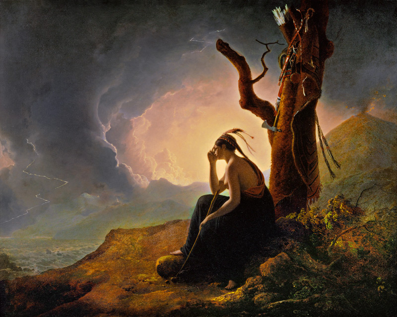 La viuda india...Joseph Wright capta algo que entusiasma  a los románticos: las tierras lejanas, lo desconocido.Una trágica separación amorosa, la joven india de perfil casi neoclásico velando las armas de su marido bajo un cielo fantasmagórico...Sublime