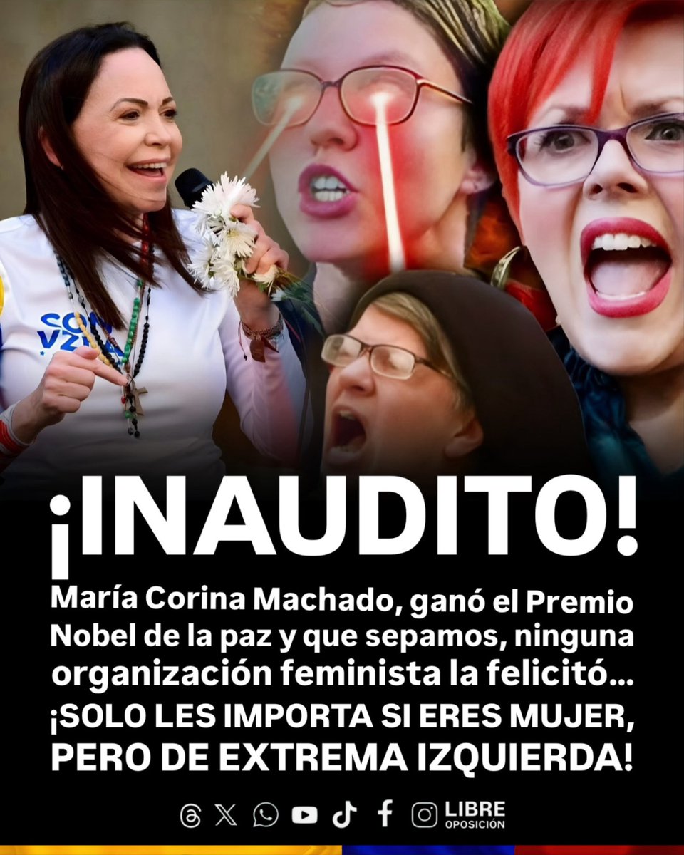 🇻🇪🧐| ¡INAUDITO! María Corina Machado, ganó el Premio Nobel y que sepamos, ninguna organización feminista la felicitó… ¡Sólo les importa si eres mujer, pero de extrema izquierda!
