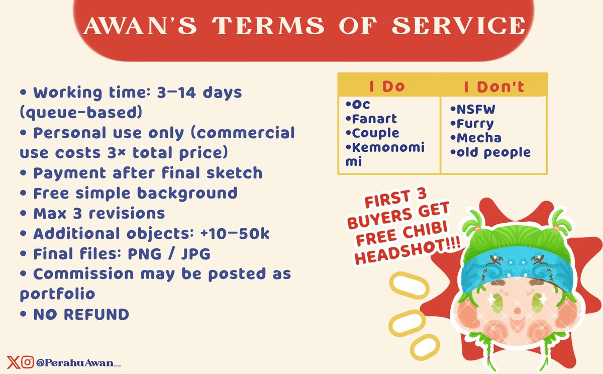 PerahuAwan__'s tweet image. ☁️ OPEN COMMISION ☁️ 

[ 💛 &amp;amp; 🔁 Are very appreciated ]

Hii, aku lagi Open commis khusus untuk local only nih, dan detail nya bisa lihat postingan di bawah ini ‼️💥

3 PEMBELI PERTAMA GRATIS HEADSHOT CHIBI 🌟‼️ So come get my comms now 😋

#zonauang #zonajajan #opencommission