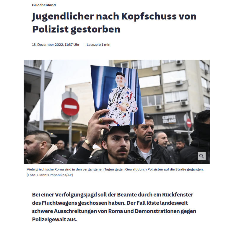 AfaNord's tweet photo. Am 13.12.22 erlag der 16-jährige griechische Rom #Kostas Fragoulis tödlichen Verletzungen durch einen Kopfschuss der Polizei am 5.12. Die Polizei tötete ihn in #Thessaloniki. Die Hinrichtung steht in einer Reihe von Polizeimorden an #Roma in #Griechenland.

#HH1312 #AbolishPolice https://t.co/w4AVGNIPy3