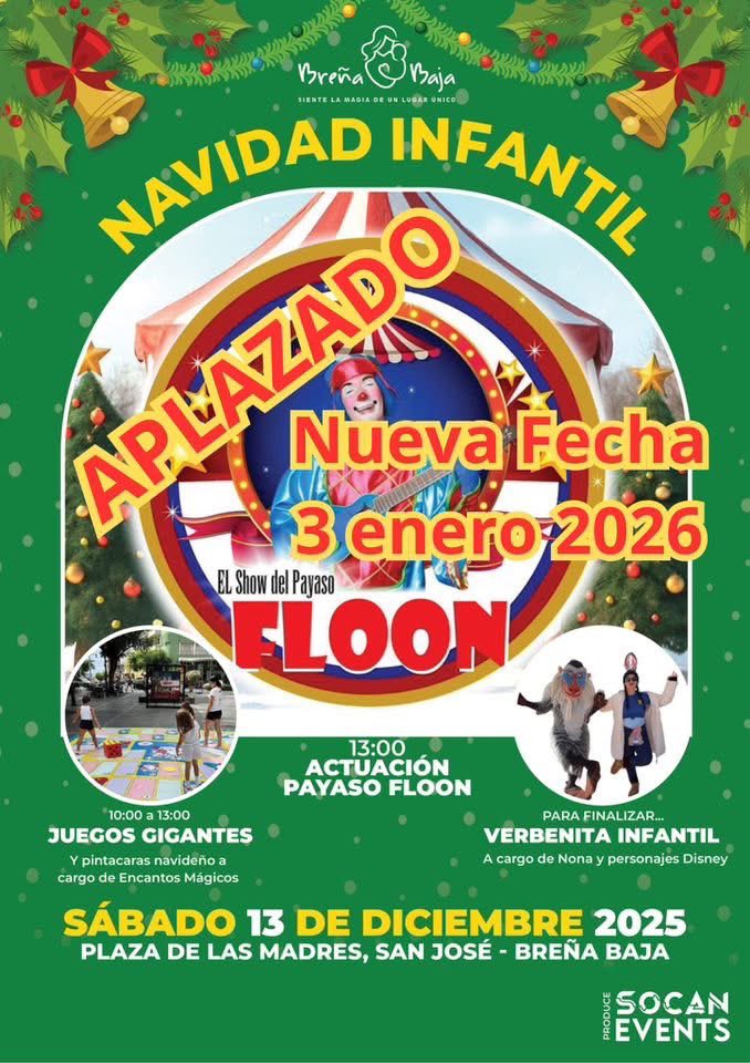 🚨ÚLTIMA HORA BREÑA BAJAℹ️Alerta máxima por vientos, por fenómenos costeros y lluvia.
✔️ Suspendida las actividades de la Agenda de Navidad de hoy, q componen a los Juegos o Hinchables Infantiles, la Verbena Infantil y la Actuación del Payaso Floon.
✔️Cierre de La Playas BBaja