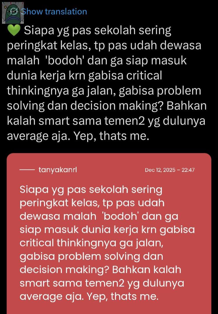 tanyarlfes's tweet image. 💚 Demi Allah gw salah satunya. Setelah lulus SMK langsung kerja tapi sering gonta ganti kerjaan karena lemot, kerja sering lakuin kesalahan dan ciritcal thinking gw kurang. Skrg gw nganggur hampir 2 tahun sambil kuliah di UT karna takut ngelamar kerja lagi.i'm 26.
