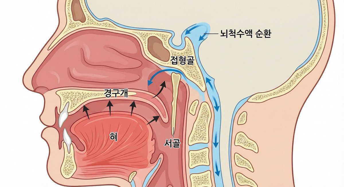 z9_s8_y_9's tweet photo. 뇌 오버클럭을 하다보면, 두통이 오는 경우가 있습니다. 이는 다음과 같은 이유때문입니다. 

본래 두개골은 딱딱하게 굳어 있는 게 아니라, 미세하게 벌어졌다 닫혔다 하며 뇌척수액을 펌프질합니다. (분당 6~12회)

집중하느라 이를 악물거나 머리에 힘을 주면, 입천장 봉합선이 꽉 물리면서 이 펌핑 작용이 멈춥니다. 뇌척수액이 정체되면 뇌압이 오르고 머리가 뜨거워집니다. 그래서 두통이라는 현상이 생깁니다. 

이때 혀로 입천장의 가운데 봉합선(Median Palatine Suture)을 마사지하면, 꽉 물려 있던 뼈 사이가 미세하게 벌어지며 멈췄던 냉각수 펌프가 다시 작동하기 시작합니다. 두통이 풀리게 됩니다. 

CST(두개천골요법) 고급기법에서 서골펌핑이라 합니다. 

아래와 같이 해 보세요.

1. 포인트 찾기: 혀끝으로 입천장을 앞니 뒤쪽부터 목구멍 쪽으로 쓸어 넘겨보세요. 딱딱한 뼈(경구개)와 말랑한 살(연구개)이 만나는 경계선 직전, 가장 움푹 들어간 곳이 있습니다.

2. 수직 압박 (들숨): 숨을 들이마실 때, 혀 전체로 입천장을 꾹 눌러 “머리 꼭대기(백회) 방향으로 뼈를 들어 올린다"는 느낌으로 밉니다.

• 이때 접형골이 들어 올려지며 뇌척수액 통로가 열립니다.

3. 힘 빼기 (날숨): 숨을 내쉴 때는 혀의 힘을 툭 풉니다.

4. 반복: 이 동작을 호흡에 맞춰 1분 정도 반복하면, 머리 중앙에서 시원한 느낌이 퍼지며 두통이 빠르게 해소될 것입니다.

* 입천장을 자극하면 삼차신경핵을 통해 뇌간(Brainstem)으로 신호가 전달됩니다.

부교감 활성: 이 자극은 긴장된 뇌의 상태를 이완 모드로 전환하는 스위치 역할을 하여, 뇌혈관을 확장시키고 과열된 신경을 진정시킵니다.