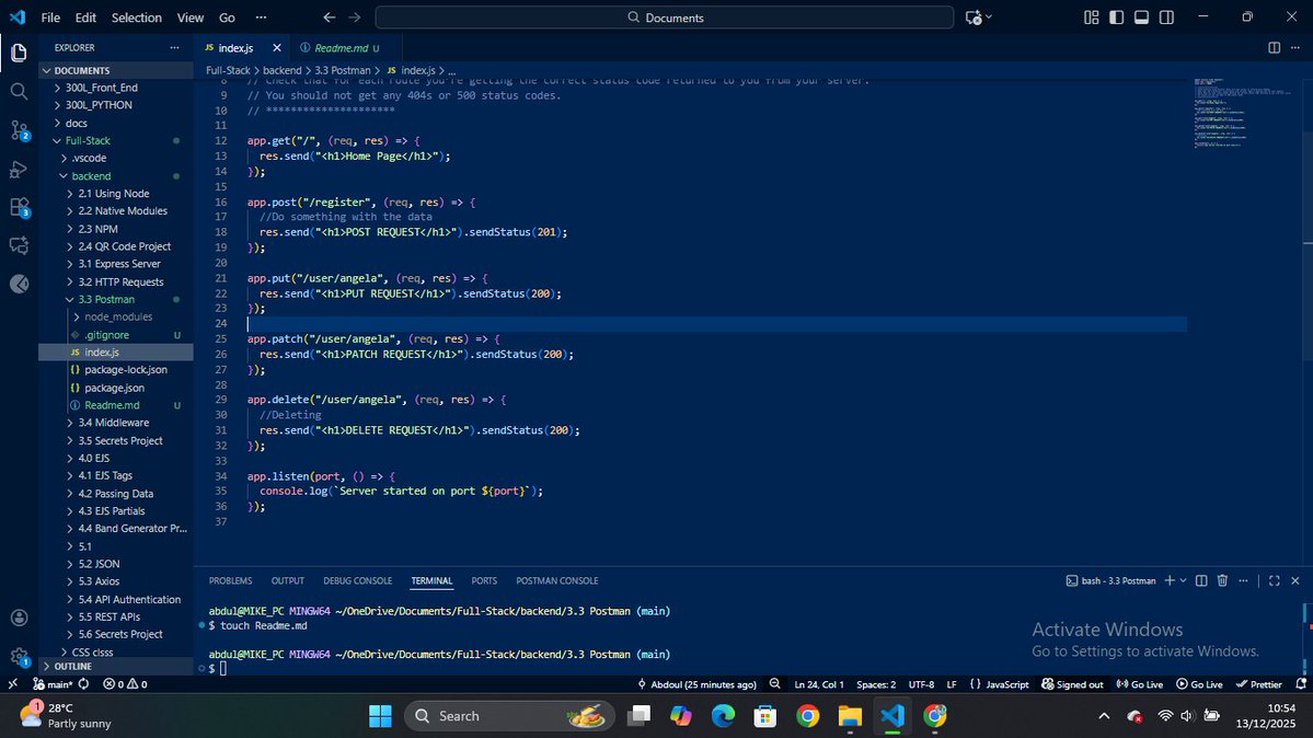 abdoul_black_95's tweet image. 🛠️Learning backend fundamentals with Node.js + Express
Built a mini API to practice:
• GET
• POST
• PUT / PATCH
• DELETE
Tested everything with Postman to understand the request–response cycle &amp;amp; HTTP status codes.🚀
#NodeJS #ExpressJS #Postman #BackendDev #APIs #100DaysOfCode
