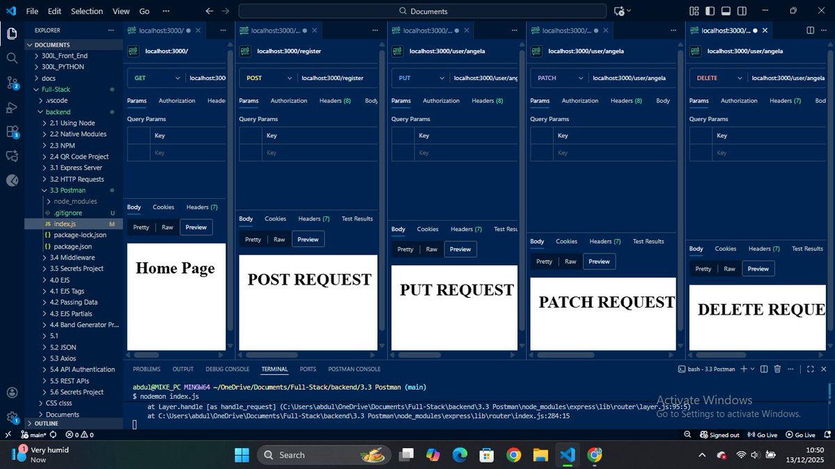 abdoul_black_95's tweet image. 🛠️Learning backend fundamentals with Node.js + Express
Built a mini API to practice:
• GET
• POST
• PUT / PATCH
• DELETE
Tested everything with Postman to understand the request–response cycle &amp;amp; HTTP status codes.🚀
#NodeJS #ExpressJS #Postman #BackendDev #APIs #100DaysOfCode