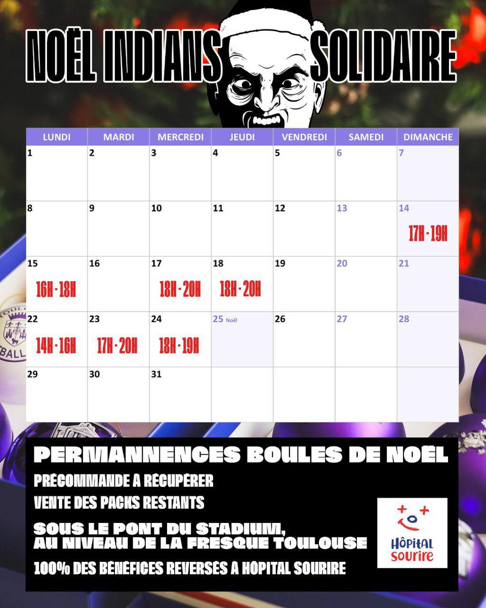 Pour acheter ou récupérer des boules de Noël, nous mettons en place plusieurs permanences.

100% des bénéfices seront reversés à Hôpital Sourire.

Une table sera aussi à disposition à la sortie du parcage ce soir.