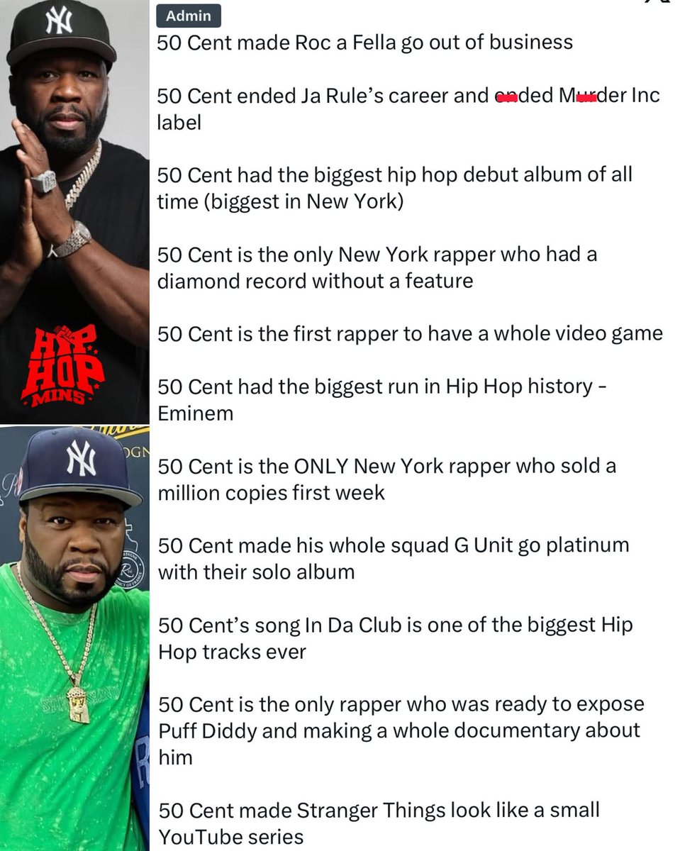 50 Cent doesn’t need to sh-00t anyone to win his w@rs or stay on top.

Fans say it’s time to call him the greatest rapper ever because:

•  50 Cent made Roc-A-Fella goout of business

•  He en-ded Ja Rule’s ca-reer and en-ded Mur-der Inc label

•  He had one of the biggest