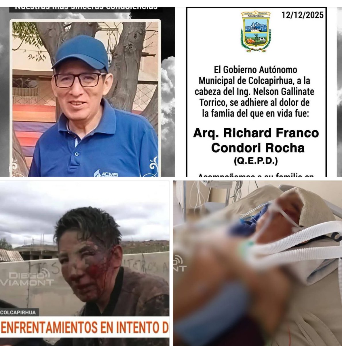 MURIÓ EL FUNCIONARIO QUE FUE GOLPEADO POR BLOQUEADORES  DE COTAPACHI 

▶️El problema de la basura entre la alcaldía de Colcapirhua y pobladores de Cotapachi dejó una tercera persona fallecida. Se trata del arquitecto Richard Franco Condori Rocha quien fue brutalmente golpeado por
