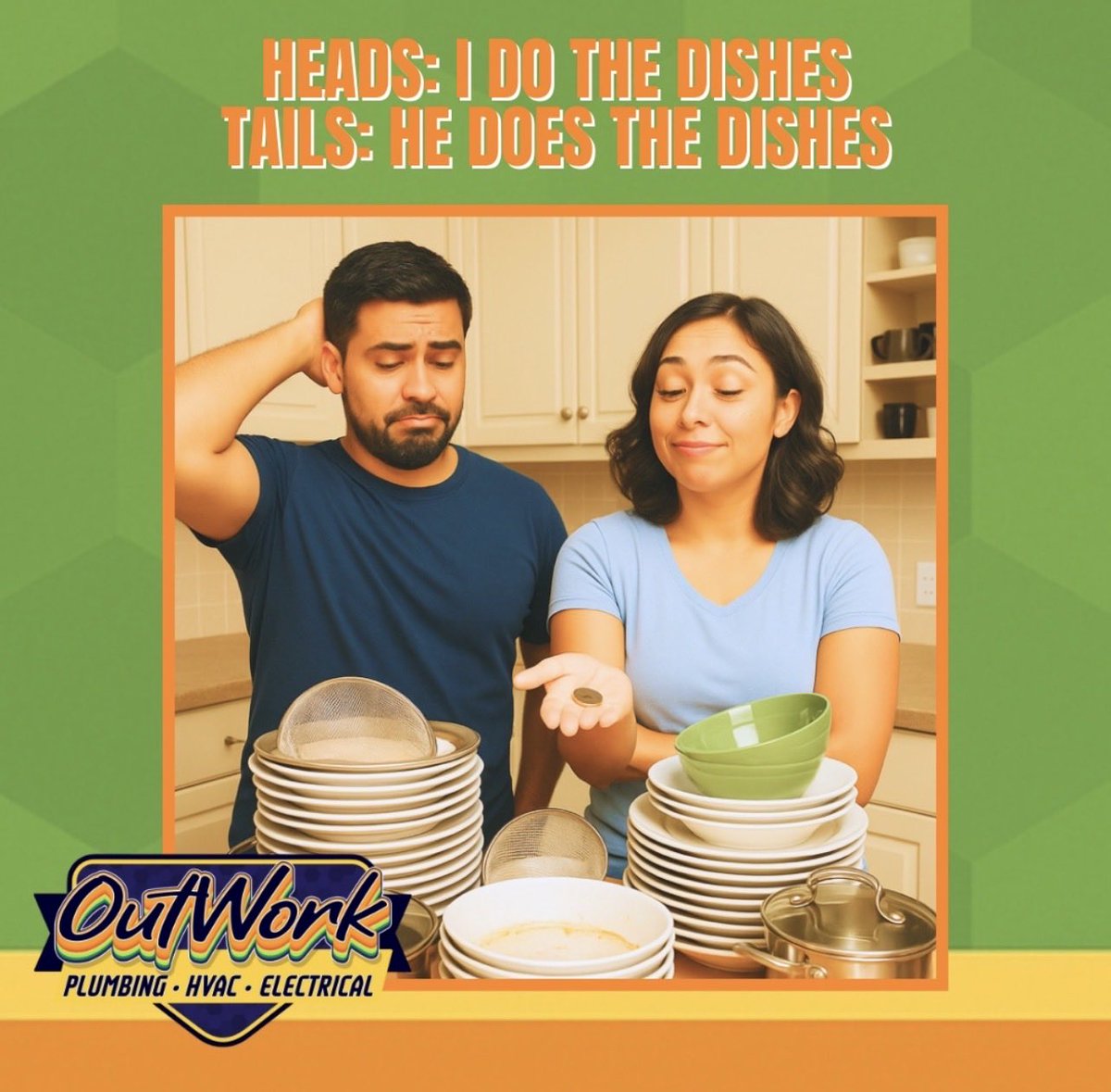 OutWorkService's tweet photo. A story as old as time, plumber fixed everything. The sink is working, and now comes the real challenge: the dishes. 🫠

Some say true love is built on teamwork. Others say it’s built on who loses the coin toss. 💕🪙

Who does the dishes at your house, you, or “the other one”? https://t.co/cWuqChnrfz