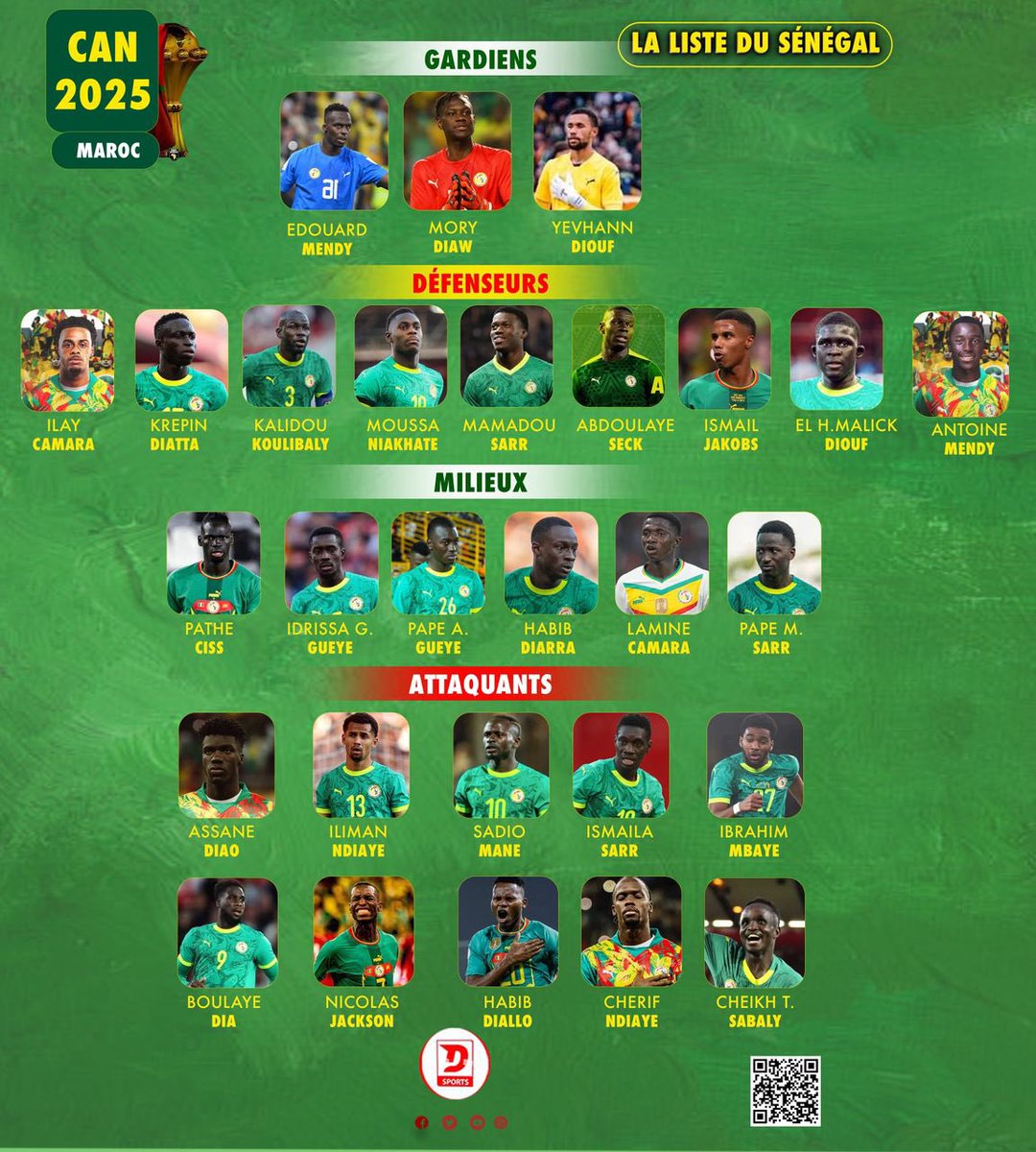 📢🇸🇳 Pape Thiaw a dévoilé la liste des 28 Lions de la Téranga retenus pour la #CAN2025 au 🇲🇦 ! 

#Dsports