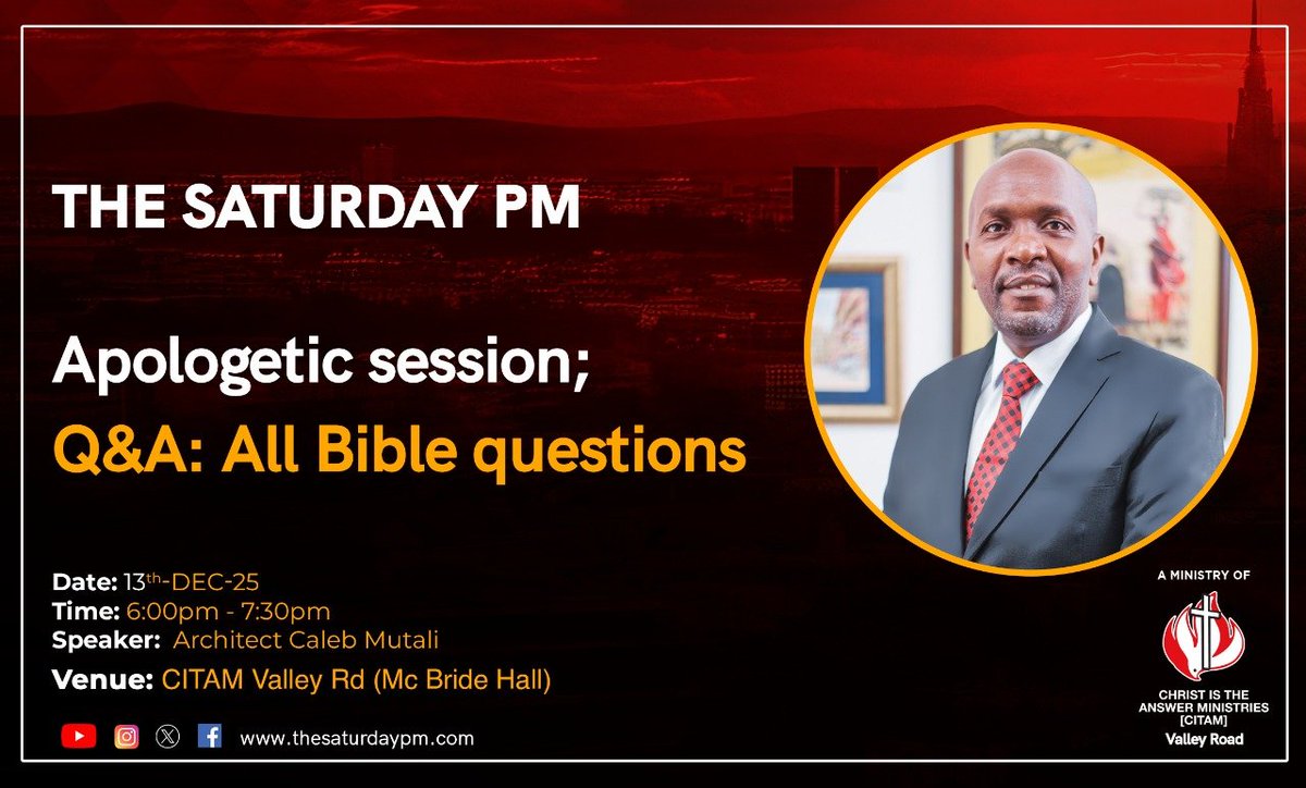 Today we have an apologetics Q&amp;A session to answer questions we have on faith and from the bible. Joins us at 6pm in person at McBride Hall in CITAM Valley Road and the   speaker will be Architect Caleb Mutali. We look forward to hosting you for our last session of the year.