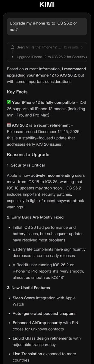 CyberSecPathway's tweet photo. Responses to my question from Claude Sonnet 4.5 and Kimi K2 (both free versions).

“Upgrade my iPhone 12 to iOS 26.2 or not?”

Claude link: https://t.co/QqifHIyoZg

Kimi link: https://t.co/8IUCGb13kE https://t.co/d9HvV58MLr