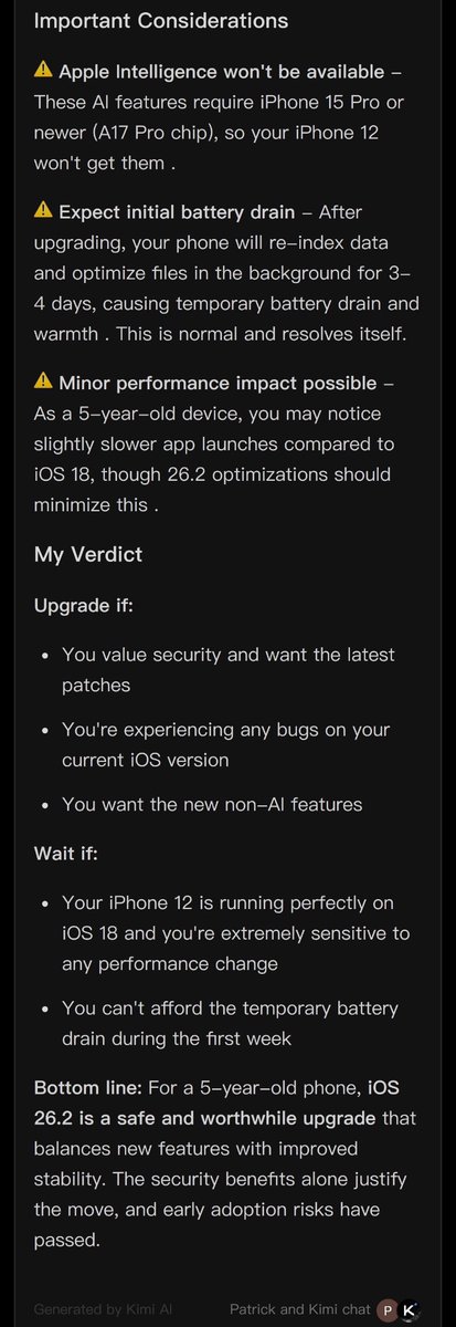 CyberSecPathway's tweet photo. Responses to my question from Claude Sonnet 4.5 and Kimi K2 (both free versions).

“Upgrade my iPhone 12 to iOS 26.2 or not?”

Claude link: https://t.co/QqifHIyoZg

Kimi link: https://t.co/8IUCGb13kE https://t.co/d9HvV58MLr