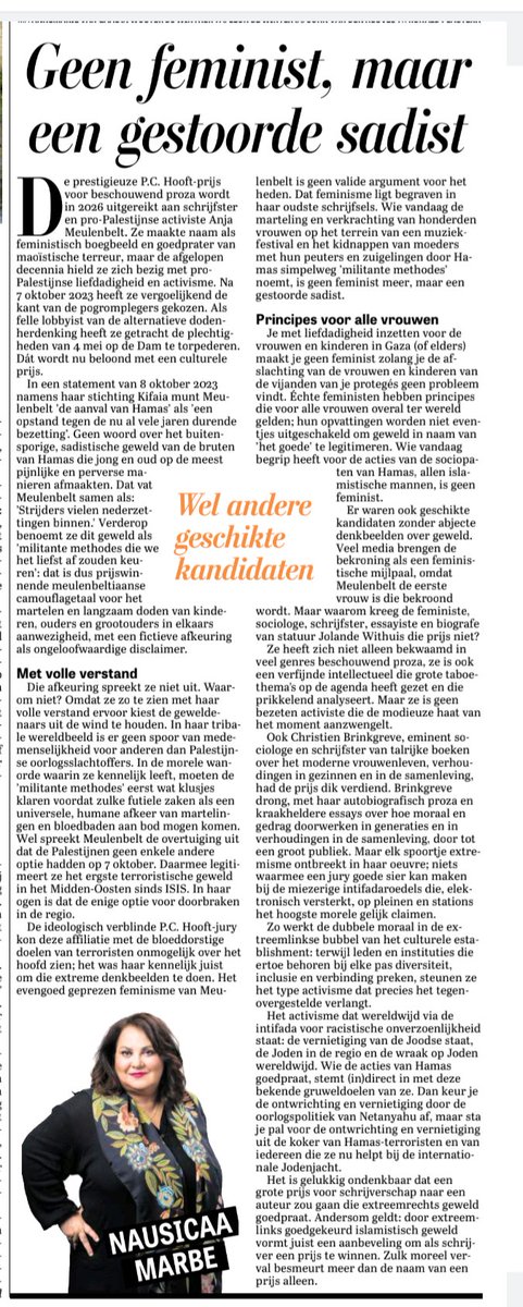 Hele goede column van <a href="/nausicaamarbe/">Nausicaa Marbe 🇺🇦</a>

Geen feminist maar gestoorde pro-Hamas sadist Anja Meulenbelt wint P.C. Hooft-prijs 🎯