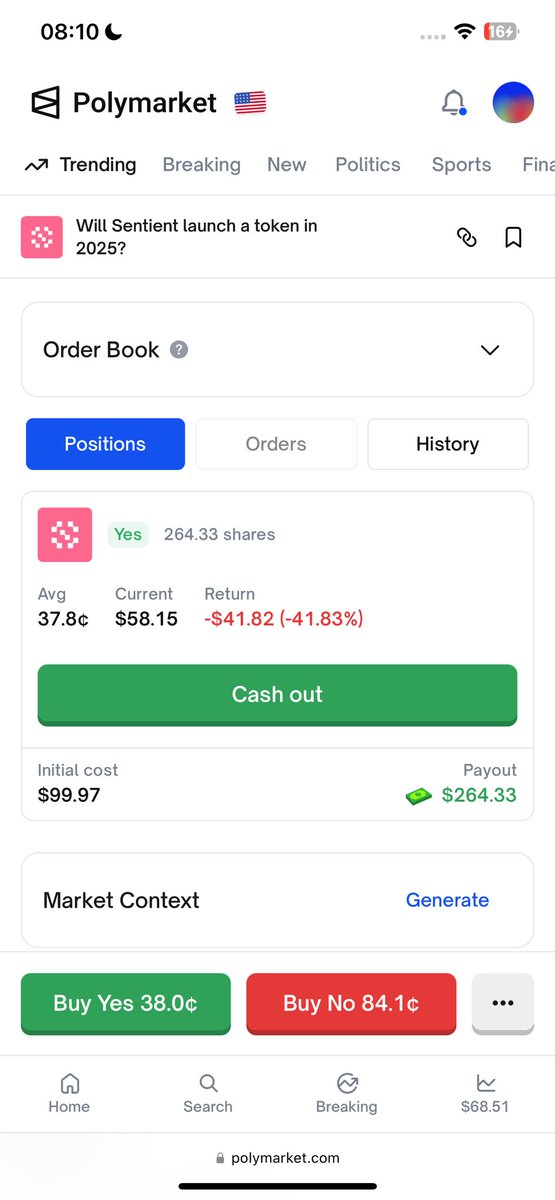 This is my first time I am placing a bet on <a href="/Polymarket/">Polymarket</a> 

I just placed a $100 bet that <a href="/SentientAGI/">Sentient</a> will launch in 2025

We will find out the outcome of this soon