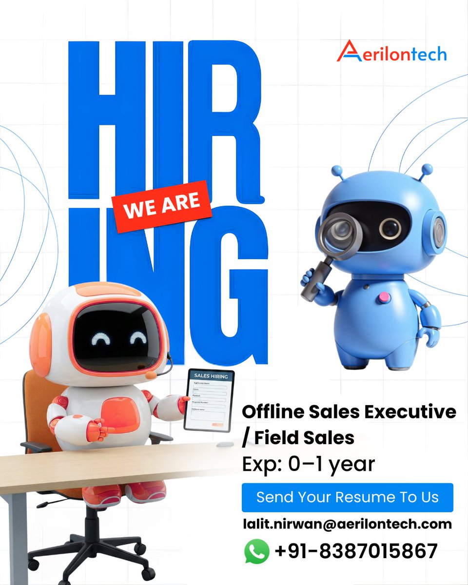 AerilonTech's tweet photo. JD 
Offline Sales Executive / Field Sales – IT Services (Jaipur)

#aerilontech #Hiring #SalesHiring
#SalesJobs #HiringSales #SalesExecutive
#BusinessDevelopment #BDJobs #InsideSales #FieldSales #CorporateSales https://t.co/dtpaUgXNAG
