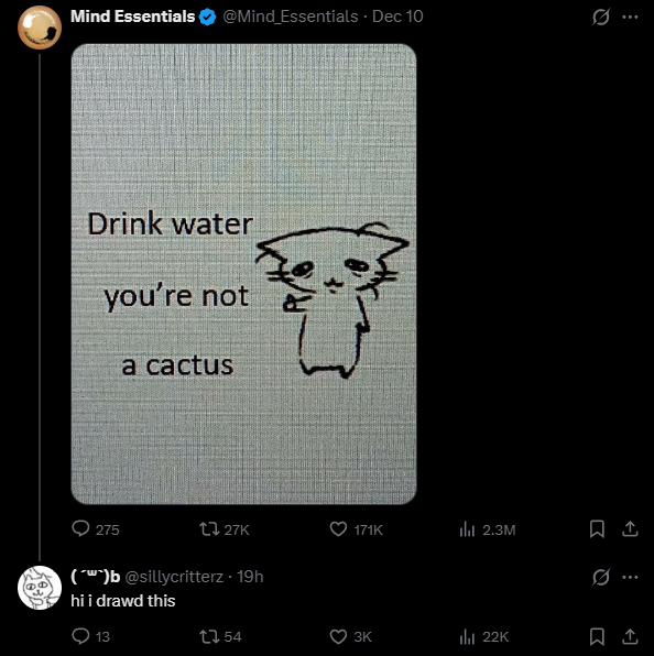 Pepoor_'s tweet photo. this image of a sad cat going super viral rn on x over 2.3 million views in less than a day and in the comments the artist replied to it crediting her work 

@sillycritterzis her page and she does requests for sketches for $25 so I will create a coin and redirect all of the creator fees to her  

I have reached out and sent a message already