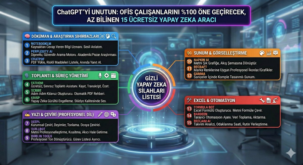 ChatGPT’yi Unutun: Ofis Çalışanlarını %100 Öne Geçirecek, Az Bilinen 15 Ücretsiz Yapay Zeka Aracı
​Herkes aynı popüler araçları kullanıyorsa, fark yaratmanız zorlaşır. İşte ofis çalışanlarının "gizli silahı" olmaya aday, spesifik işler için özelleşmiş ve cömert ücretsiz kullanım