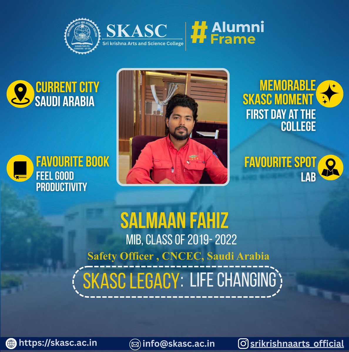 Salmaan Fahiz, an alumnus of the MIB programme (2019–2022), is presently working as a Safety Officer at CNCEC in Saudi Arabia. 
<a href="/cncec2021/">CHINA NATIONAL CHEMICAL ENGINEERING L.L.C.</a>  #SaudiArabia #SafetyOfficer #Alumni #IIM #IIT #NIT #MIT #IISc #SKASCGlobalPresence #Highereducation #MinistryofEducation #MoE #NIRFRanking