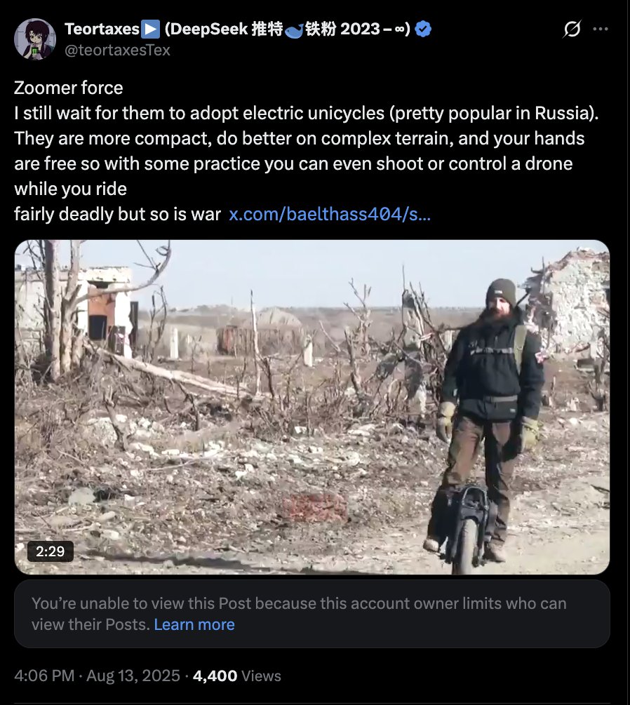 Parece que ambos os lados da guerra na Ucrânia estão usando monociclos elétricos agora.
Eu venho defendendo esses produ