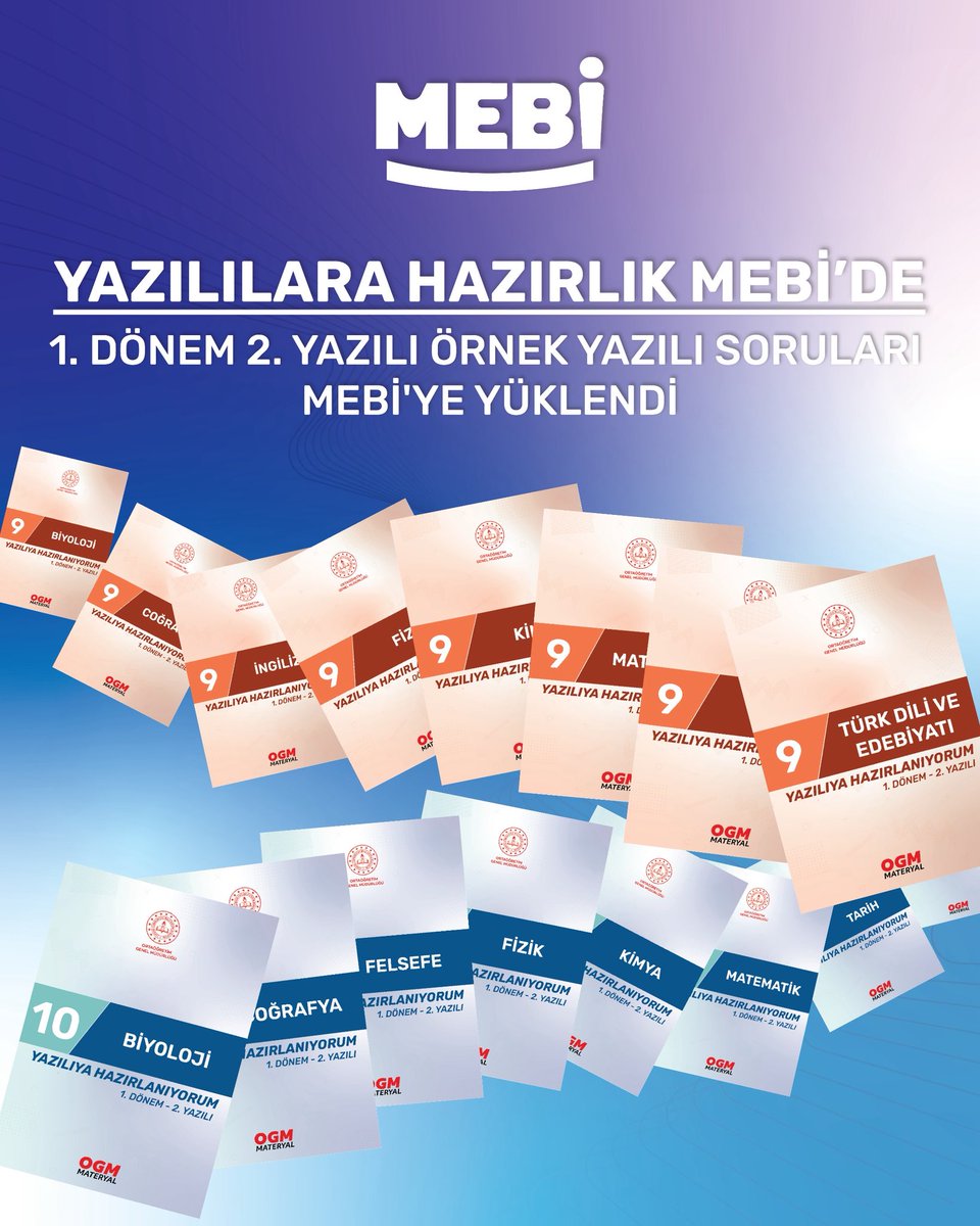 Yazılılara hazırlık MEBİ’de.🤩
1. Dönem 2. yazılı örnek soruları MEBİ’ye yüklendi.🌟