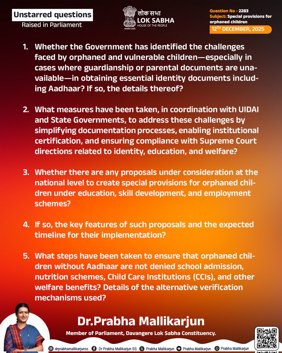 DrPrabhaSSM's tweet image. ಅನಾಥ ಮಕ್ಕಳಿಗಾಗಿ ಕೈಗೊಂಡ ವಿಶೇಷ ವ್ಯವಸ್ಥೆಗಳ ಕುರಿತು ಕೇಂದ್ರದ ಮಹಿಳಾ ಮತ್ತು ಮಕ್ಕಳ ಅಭಿವೃದ್ಧಿ ಸಚಿವರಿಗೆ ಕೇಳಿದ ಪ್ರಶ್ನೆಗಳು‌ ಹಾಗೂ ‌ಸಚಿವಾಲಯದಿಂದ ಬಂದ ಉತ್ತರದ ಪ್ರಮುಖ ಅಂಶಗಳ ಮಾಹಿತಿ ಇಲ್ಲಿದೆ.
@INCIndia @INCKarnataka

#OrphanChildren #ChildWelfare #WomenAndChildDevelopment
#UnionGovernment