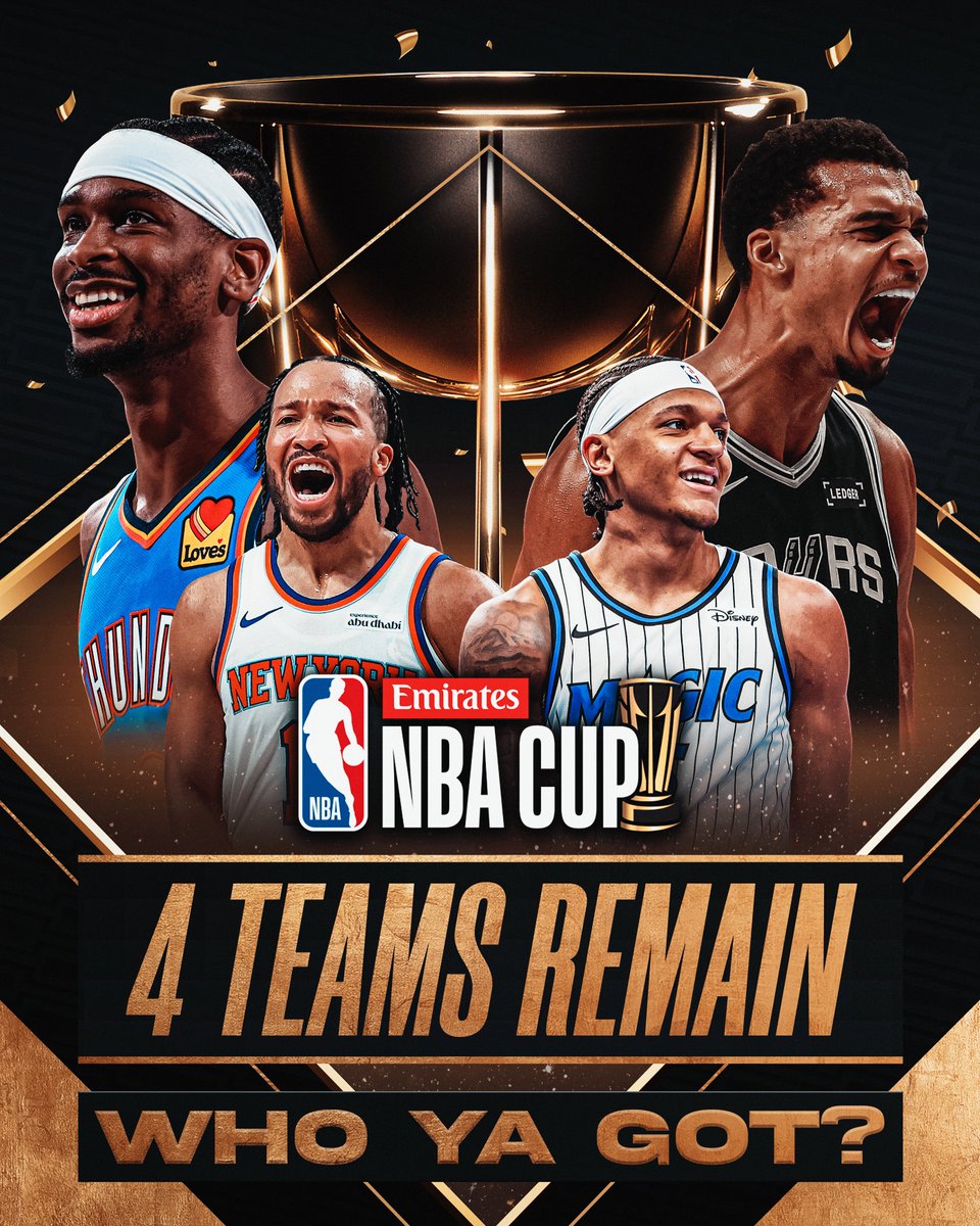 4 TEAMS.
3 GAMES.
1 CHAMPION.
The Knicks, Magic, Spurs and Thunder battle for the @emirates NBA Cup in Vegas... who ya got??
Semifinals tip at 5:30pm/et on Prime!
