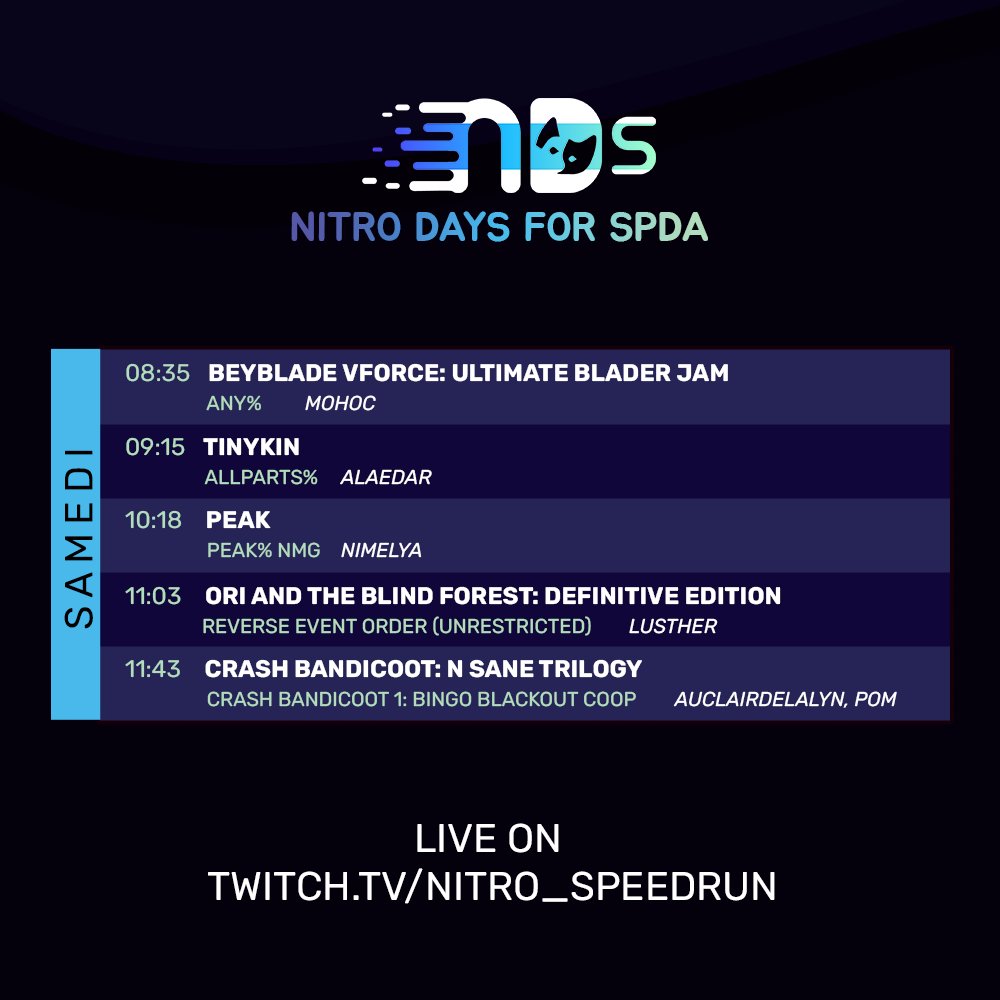 Bonjour ici ! 

On espère que vous avez bien dormis ou que vous avez bien profité des runs de nuit sur les Nitro Days for SPDA 👀
Une matinée toute douce vous attend ! 
La run de Crash Bandicoot inaugurera le bloc des runs animaux ! 🐶🐱🐦🐰

🔗 en bio !