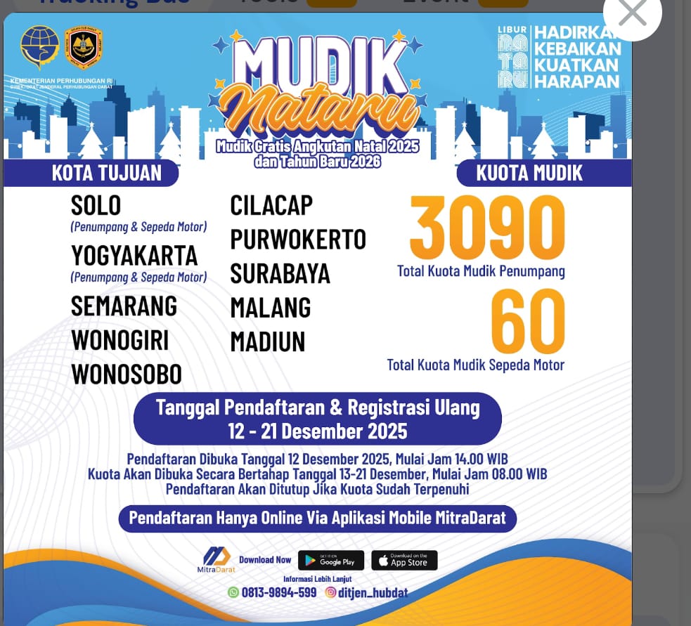 Mudik Gratis <a href="/kemenhub151/">Kemenhub RI</a> Nataru 2025 dari Jakarta ke sejumlah Daerah, baru dibuka kemarin Jum'at (12/12/25) &amp; diklaim terdapat 3.090 kuota, Investigasi persuasi-news.com, hari ini Sabtu (13/12/2025)  melakukan pengecekan melalui applikasi Mitra Darat ,tiket mudik tsb habis