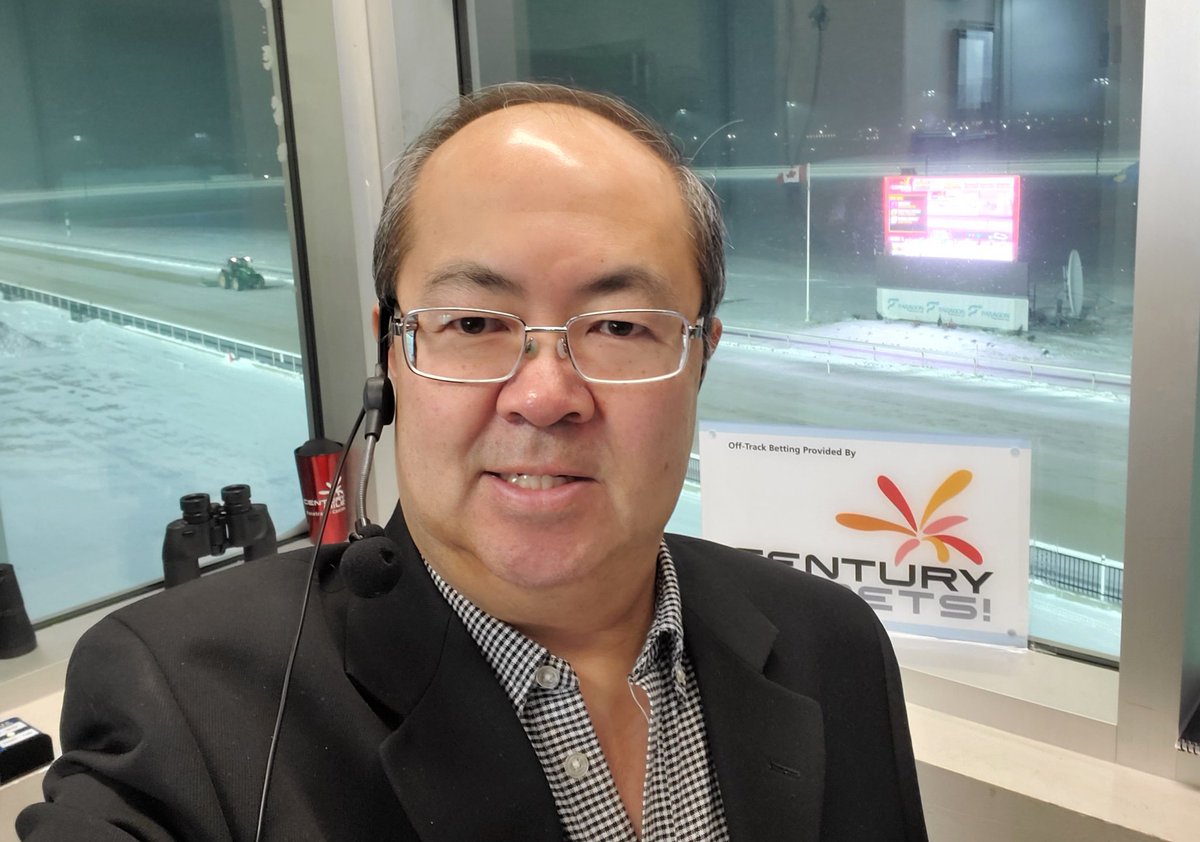 Alberta horsemen tough out a 12 race card at -22C (-8F) under blowing snow and I suffered with them from the booth 🙄.  Track was rated as Frozen.  These guys are TOUGH.  Better weather tomorrow.