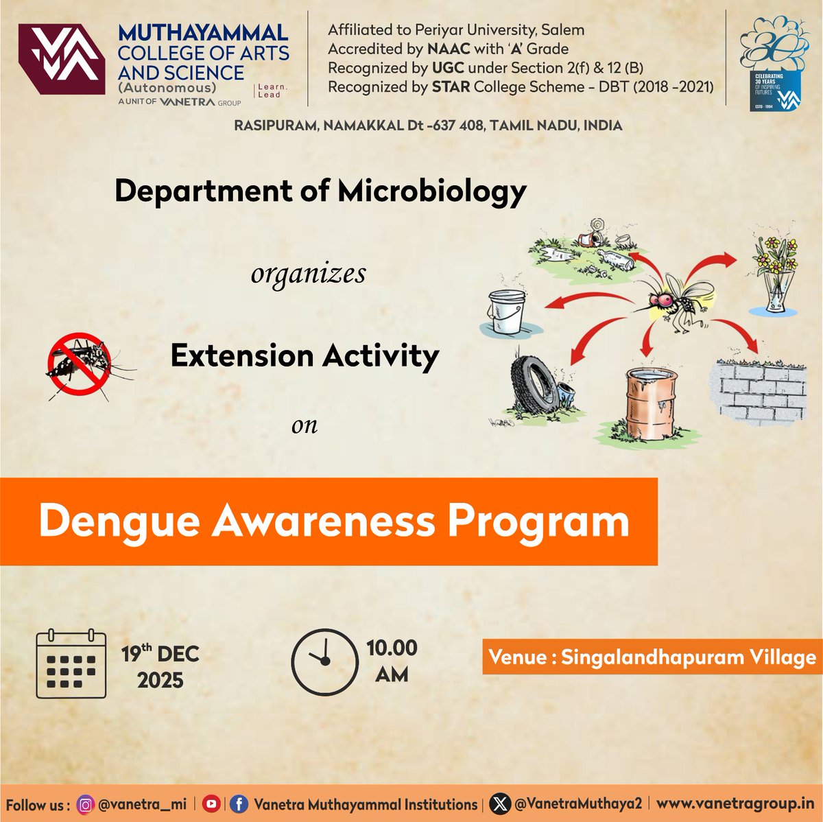 VanetraMuthaya2's tweet image. 🦟 Dengue Awareness Program

Organized by the Dept. of Microbiology, MCAS
📅 19 Dec 2025 | ⏰ 10 AM
📍 Singalandhapuram Village
#DengueAwareness #ExtensionActivity #MCAS #PublicHealth #vanetra