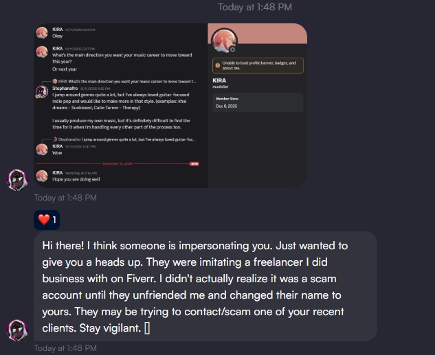 kirakarta's tweet photo. ⚠️ Scam Alert ⚠️
Someone is impersonating me and using my name to contact people

Please note:
-I only use accounts listed on VGen or Discord with the username “callsignkira”
-I will never DM from random or newly made accounts
-Do not send payments outside my official platforms https://t.co/ga4TANCLI0