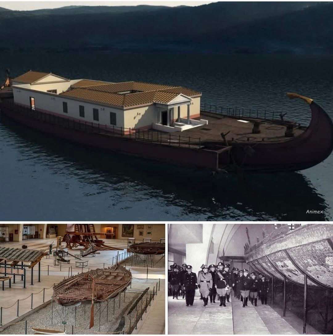 En 1927, Mussolini ordonna l’assèchement du lac Nemi, un bassin volcanique situé au sud de Rome, et l’une des plus grandes découvertes archéologiques s’ensuivit.

Les ingénieurs rouvrirent l’ancien tunnel d’évacuation romain et abaissèrent le niveau de l’eau. De la vase