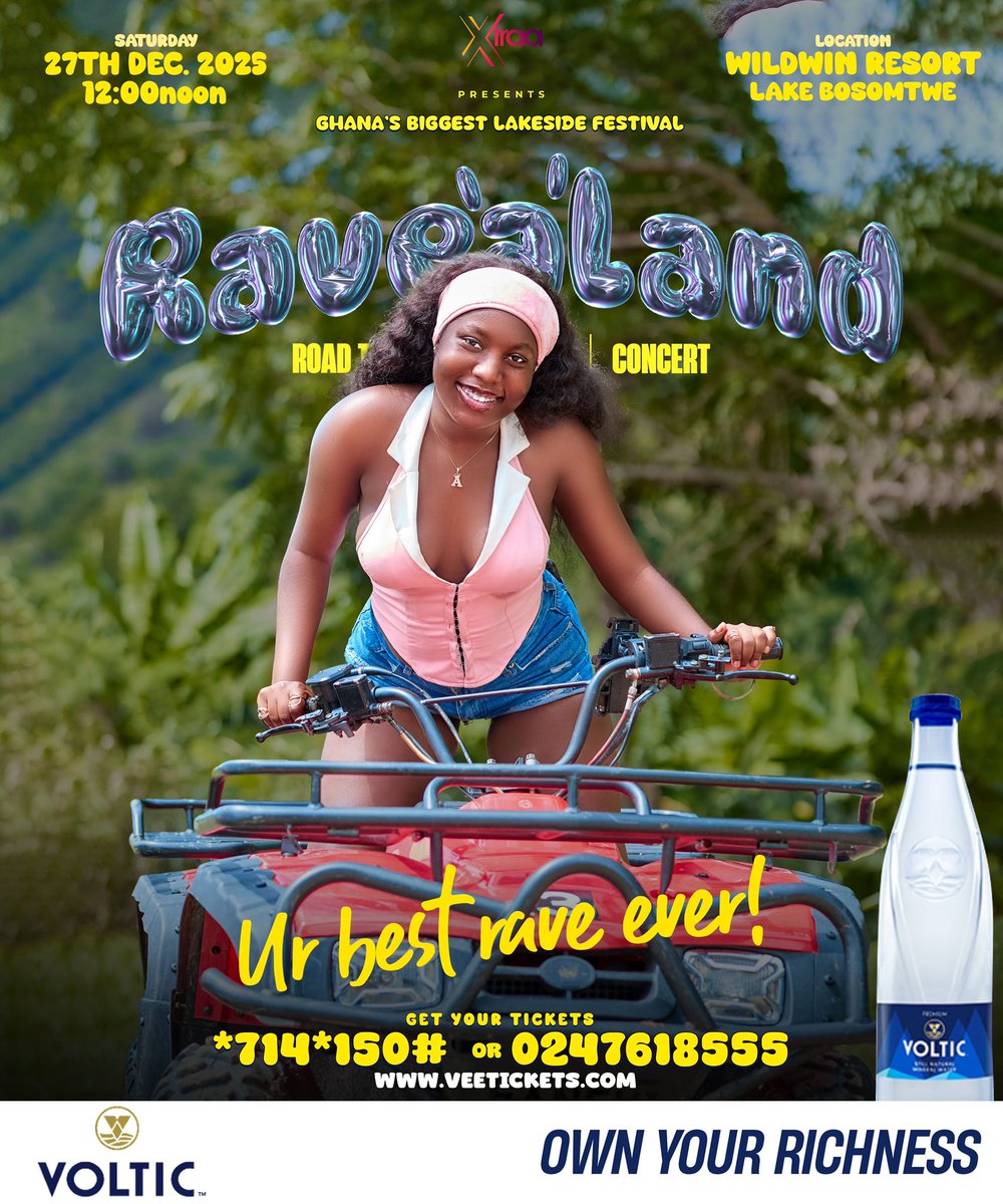 ravealand's tweet photo. Official Refreshing Partner for Rave’a’Land Festival 2025🔥

Grab a bottle of Voltic mineral water and stay hydrated.

Get your Rave’a’Land tickets before you hear Sold Out!

Dial *714*150# or visit Pice Restaurant (Kumasi Mall, Bantama, Tafo, Tech Junction) branches for tickets https://t.co/dFIvsnRlWy