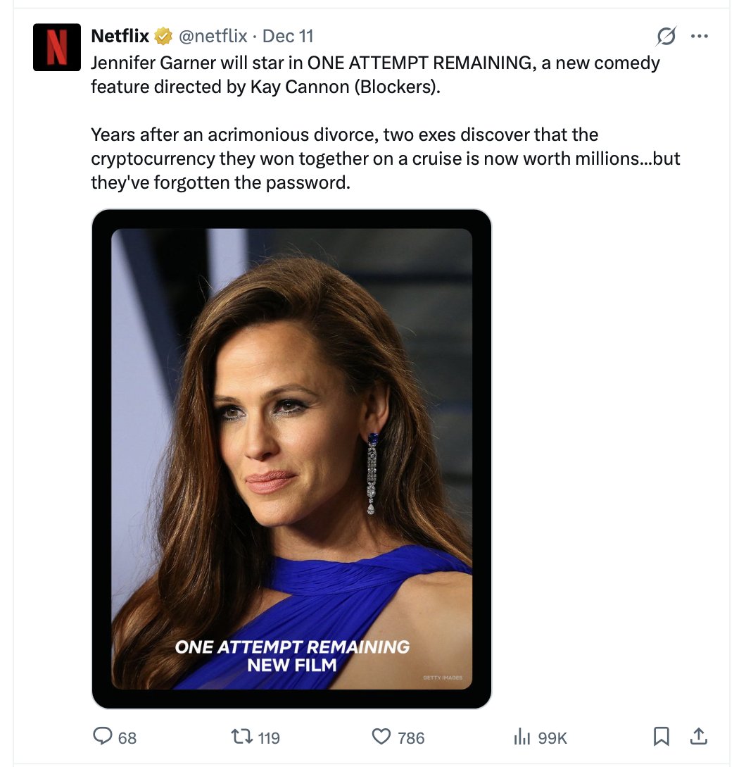 Forgot the Password. $35 Million at Risk. Netflix Made It a Movie 🎬 # Netflix announced a new comedy “One Attempt Remaining” starring Jennifer  Garner. 🔹 A couple discovers old crypto is now