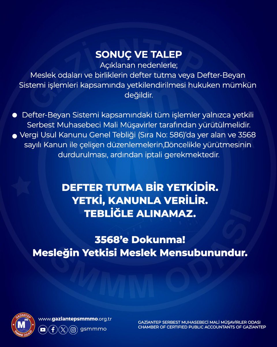 DEFTER TUTMA BİR YETKİDİR.
YETKİ, KANUNLA VERİLİR.
TEBLİĞLE ALINAMAZ.
3568’e Dokunma!
Mesleğin Yetkisi Meslek Mensubunundur.
#3568eDokunma
#MesleğinYetkisi
#DefterTutmaYetkidir
#HukukDevleti
#MaliMüşavirlik
#MesleğinKırmızıÇizgisi