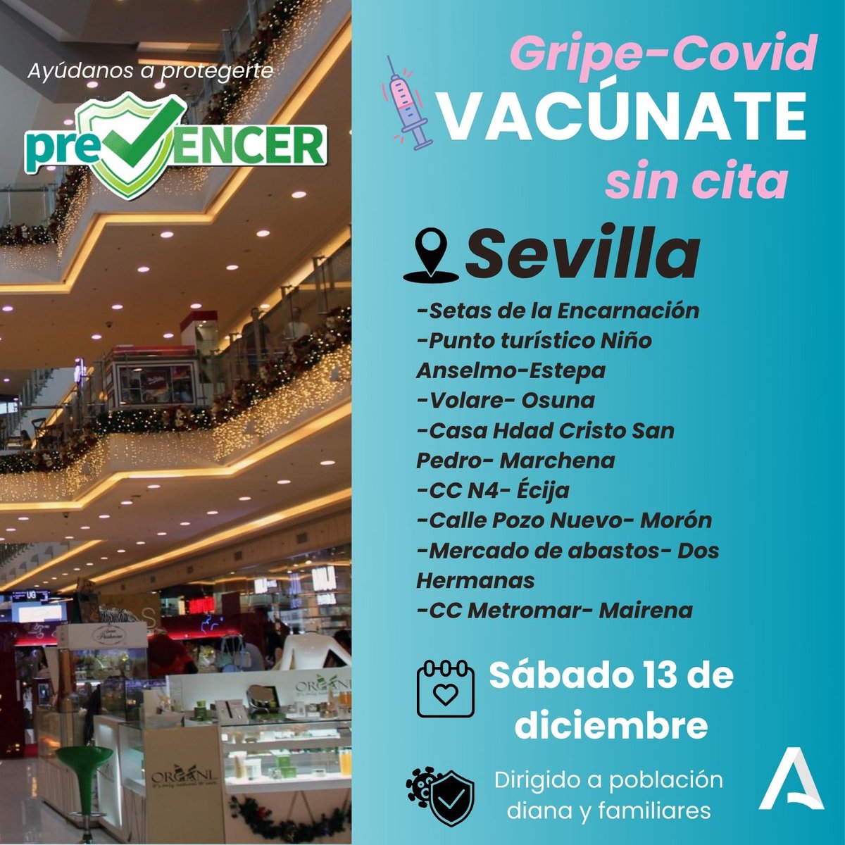 🎄🛍  Añade la vacuna a tu lista de cosas qué hacer este finde de semana 

🎯 Dirigido a personas:

🔹️De 6 a 59 meses
🔹️De 60 años o más 
🔹️Con enfermedad crónica 
🔹️Embarazadas

📲 sspa.lajunta.es/sabadosincita

#AndalucíaTeCuida💚