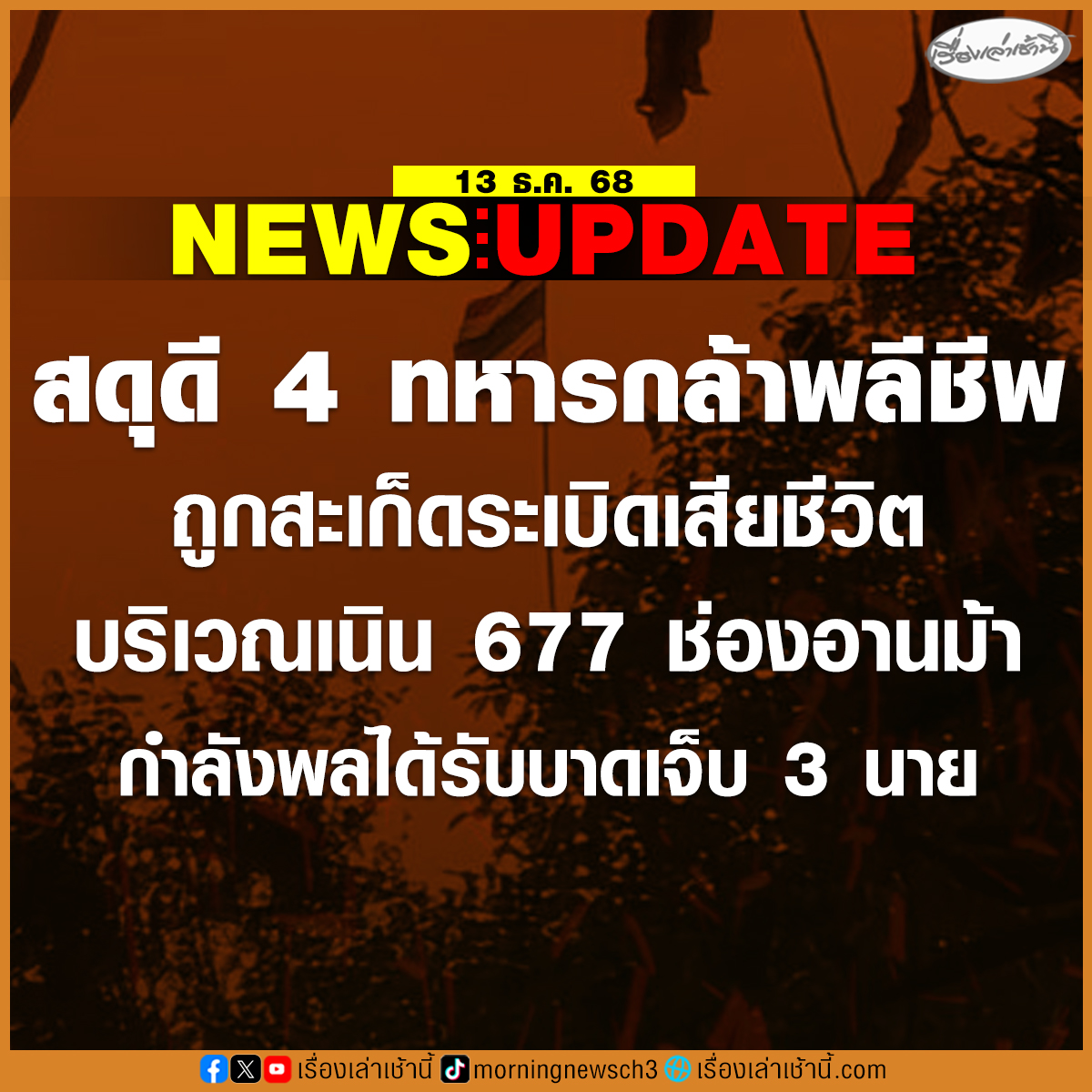 ด่วน! มีรายงานว่า กำลังพลถูกสะเก็ดระเบิดเสียชีวิต 4 นาย บริเวณเนิน 677 ช่องอานม้า ทราบชื่อ จ.ส.อ.ดำรงเกียรติ แก้วกระจ่าง, พล.มุสตากีม เจ๊ะมะ, จ.ส.อ.ทวีรัตน์ รัตนบุรี และพลฯ ทหารราบ
.
ขณะกำลังพลได้รับบาดเจ็บ  3 นาย ได้แก่ พลโชคชัย ถูก สะเก็ดระเบิดที่แขนทั้ง 2 ข้างอาการสาหัส,