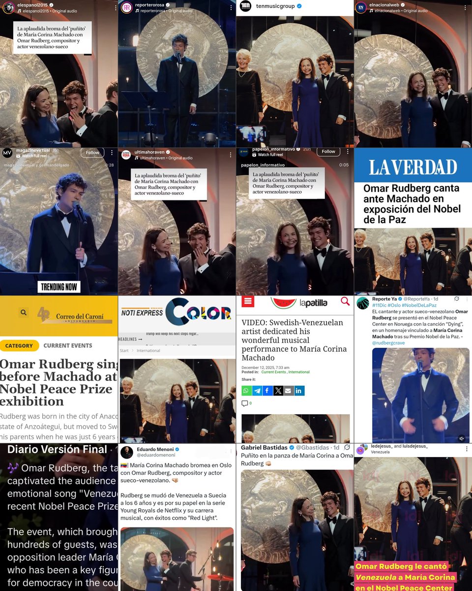 Mihaela5102's tweet photo. Venezuelan and international media writes about Omar Rudberg being invited at the Nobel Peace Center in Oslo, being praised and delivering a wonderful and emotional performance in honour of Maria Corina Machado, winner of 2025 Nobel Peace Prize ✨️❤️🇻🇪 https://t.co/nlfqC2FPQA
