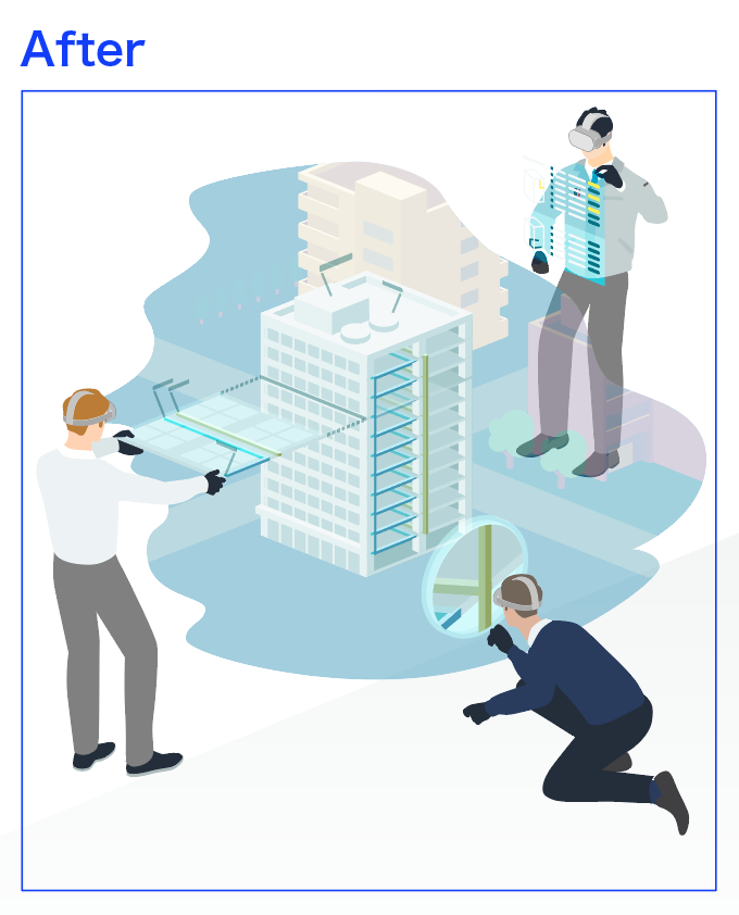 Techpic_'s tweet photo. 自社サイトのリニューアルに合わせて、縦長の画角で描き直した建築データをVRで操作する人のイラストです。
Before>2017年、After>2025年です。
8年前はものすごく未来を意識して描いていたのに、今ではすっかり現実味のある世界になってきてます。
過去描いた未来の絵を答え合わせするのは面白いし、今感じている未来の絵も描いていきたいです。