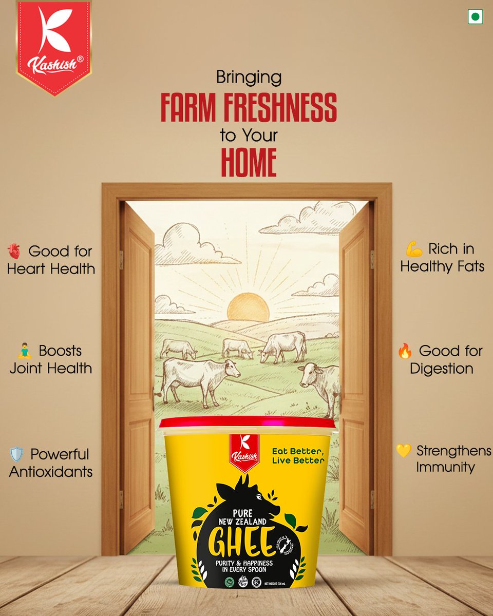 Bringing FARM FRESHNESS to Your HOME! 🏡
Kashish Pure New Zealand Ghee is packed with goodness: powerful antioxidants, healthy fats, and benefits for heart, joint, and digestive health. Eat Better, Live Better!