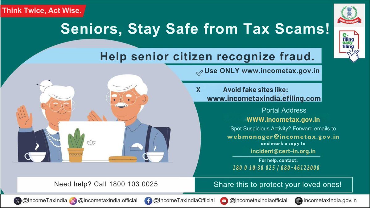 IncomeTaxIndia's tweet image. KIND ATTENTION TAXPAYERS!

Beware of Fake Messages!  Scammers may send fake e-mails &amp;amp; SMS claiming to be from Income Tax Department to steal your personal info.

✅ Always check sender ID &amp;amp; website domain  ✅Never share OTPs, passwords or PAN details
✅ Visit only…