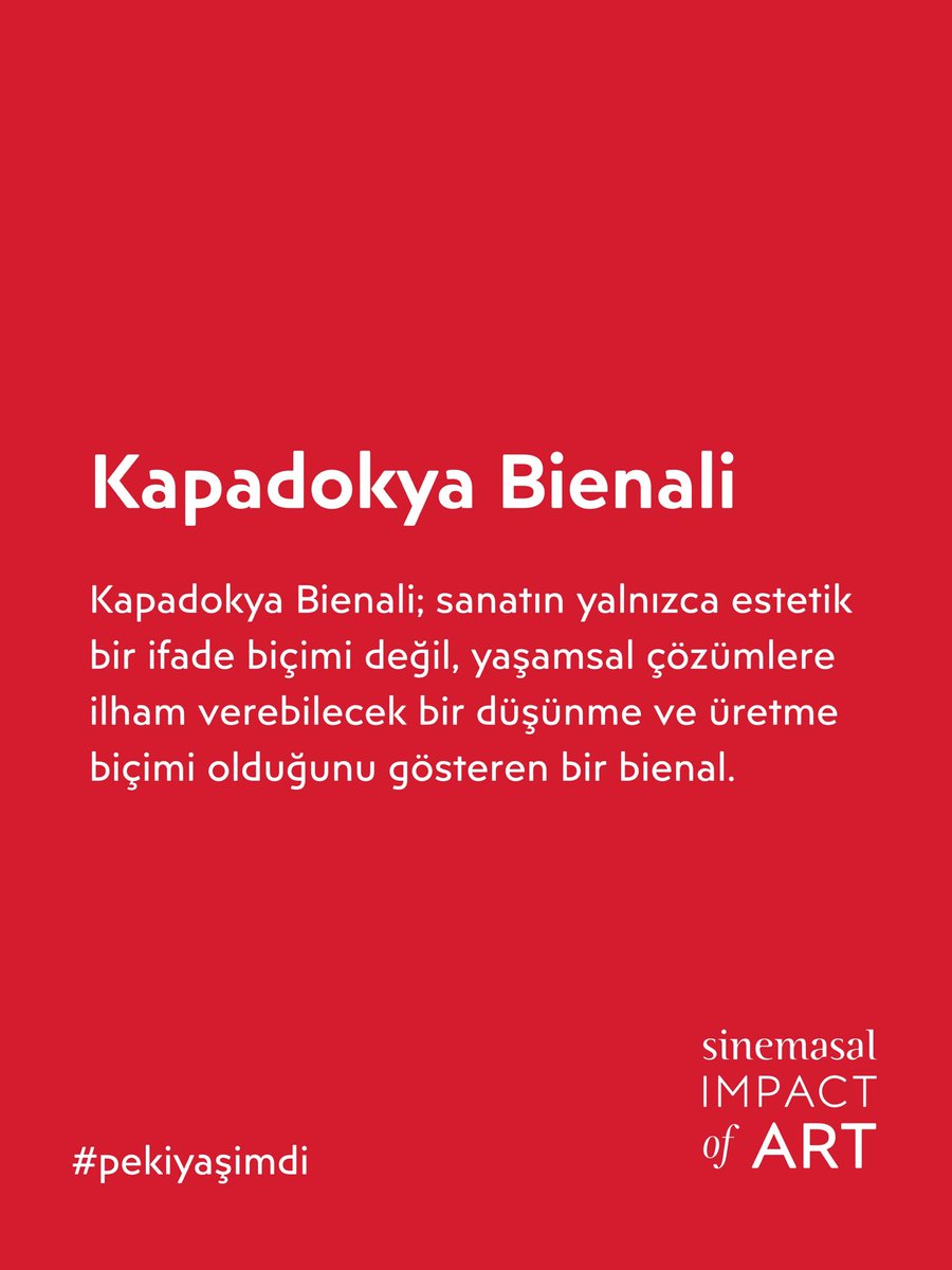 bienalkapadokya's tweet photo. Kapadokya Bienali; sanatın yalnızca estetik bir ifade biçimi değil, yaşamsal çözümlere ilham verebilecek bir düşünme ve üretme biçimi olduğunu gösteren bir bienal.

#sinemasal #impactofart #pekiyaşimdi #kapadokyabienali https://t.co/BoZWwDbWvz