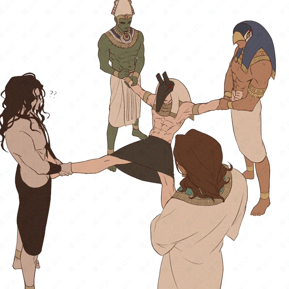 エネを見た当初、日本語版の最新話がs2のクエンターメン没後くらいでね
エネは神でも制約が多いし　いろんな神が複雑に絡み合って牽制して　誰かが一人勝ちできない状態な上、セトは特に執着と性分で身動きができないよなぁという印象を持っていたんだけど、それを可視化したくて描いた